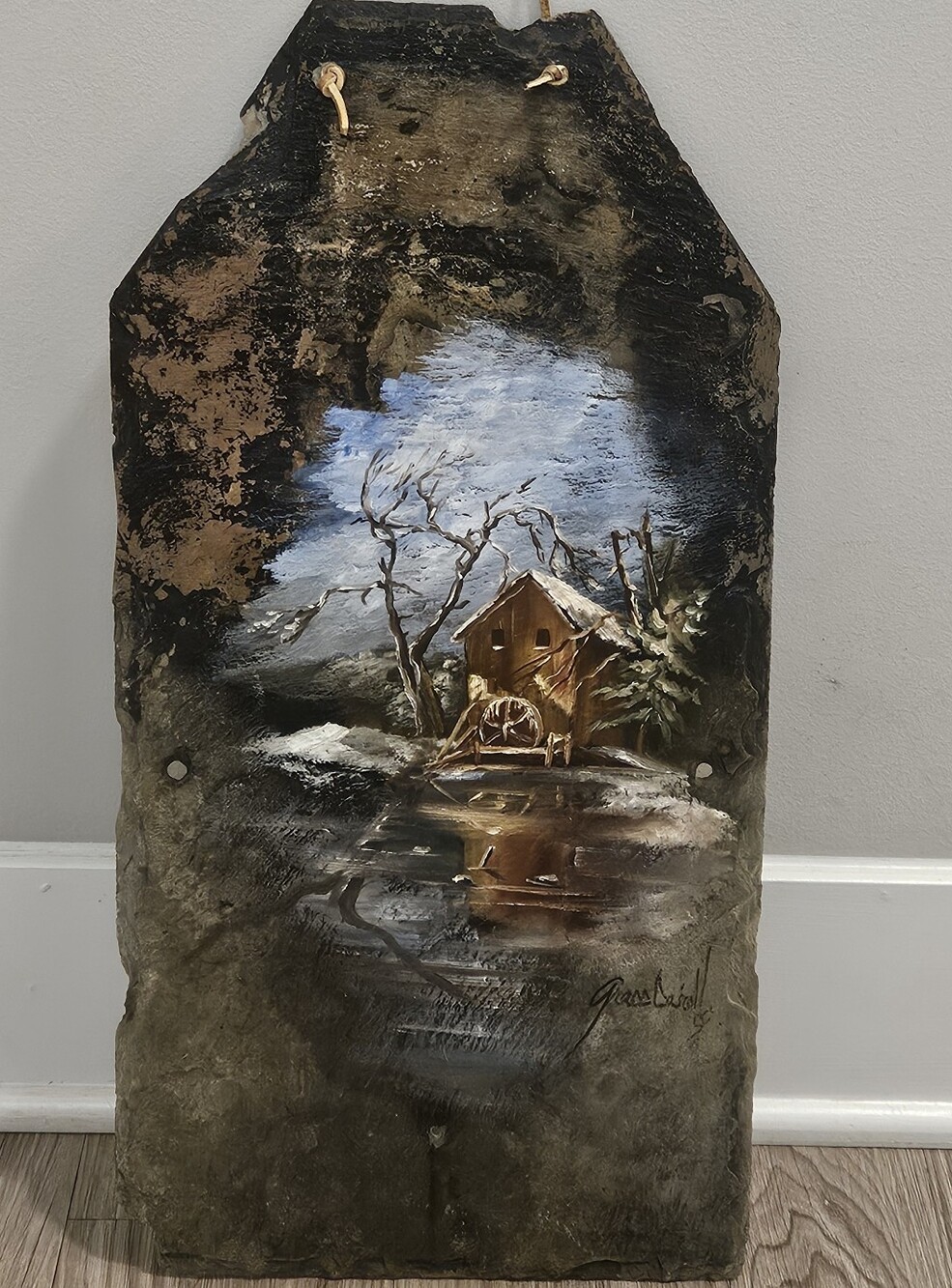 Vintage Grace Carroll Signed Folk Art Winter Scene Painted on Slate Roof Tile